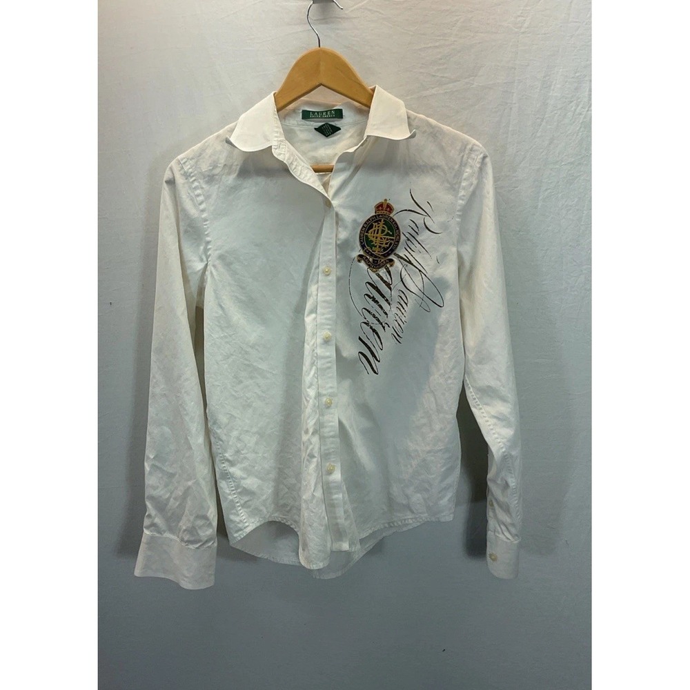 Vtg Lauren Ralph Lauren Womens Size M White Button Shirt Script‎ Crest Logo Rare